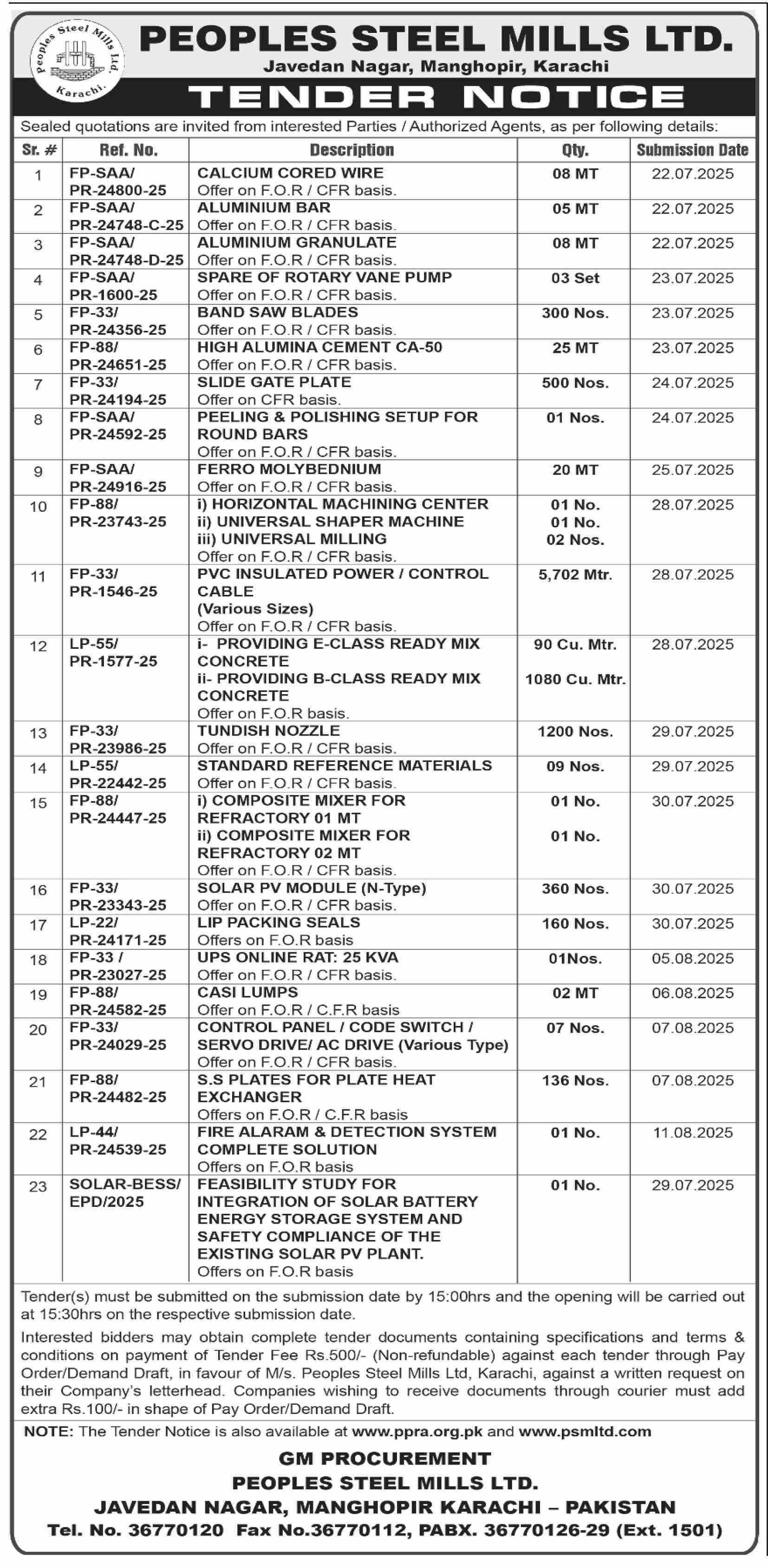 Peoples Steel Mills Ltd Karachi Tender Notice